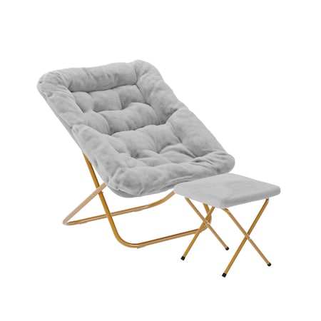 Flash Furniture Archer 28-in Oversized Faux Fur Folding Saucer Chair w/folding Ottoman, Gray Faux Fur/Gold Frame FV-FSC-027-FR-GY-SGD-GG